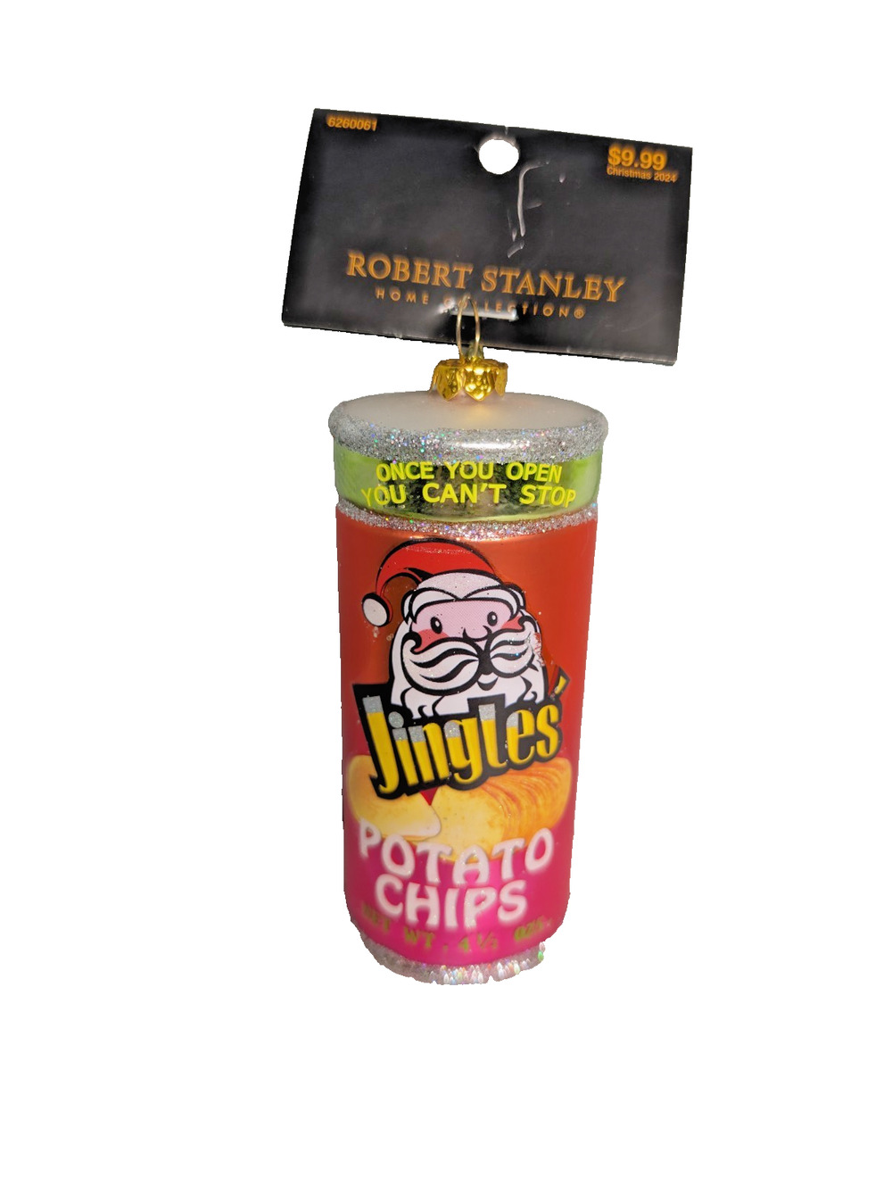 Jingles Potato Chips Canister Ornament Glass Foodie Snack Lovers